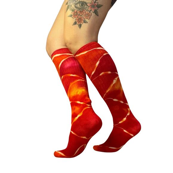 Ice Dyed Bamboo Socks - Tie Dye Stockings - Red Yellow Orange (One Size) - Picture 7 of 8